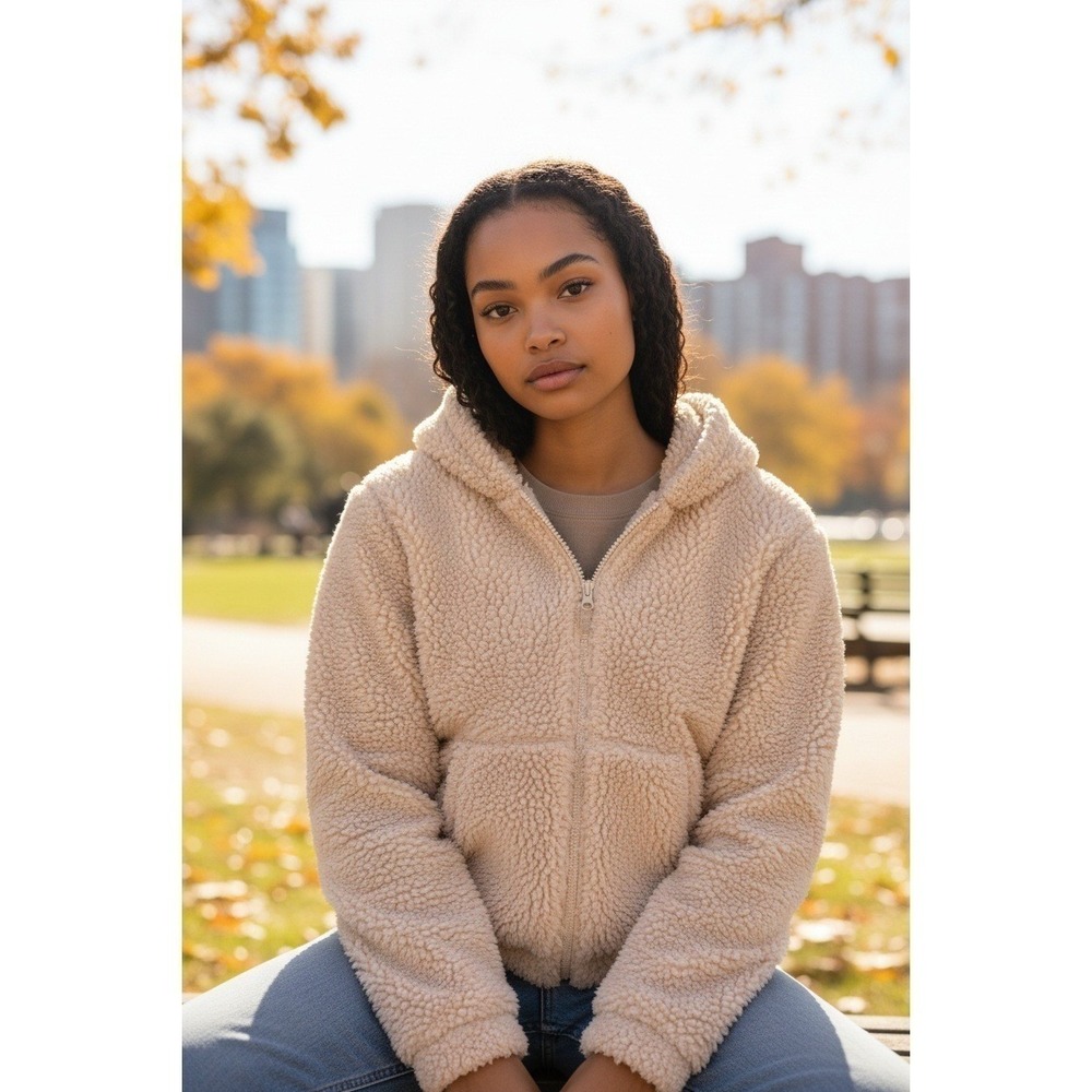 GAP Cream Soft Sherpa Fleece Zip Up Hoodie Cozy Loungewear Jacket Warm Small - Picture 1 of 8